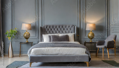 Classic grey bedroom interior with grey buttoned bed and luxury lamps and a stool. Generative AI.