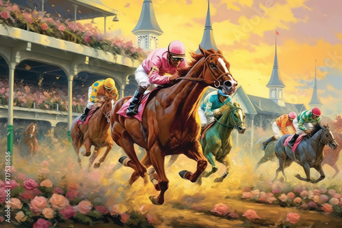 Watercolor illustration of the Kentucky Derby horse race.