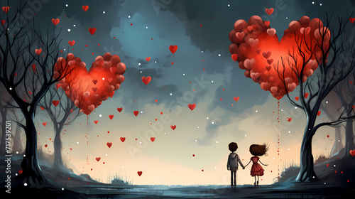 Des enfants amoureux pour la Saint Valentin avec des coeurs et des ballons photo