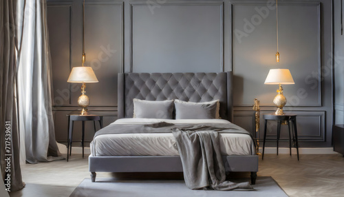 Classic grey bedroom interior with grey buttoned bed and luxury lamps and a stool. Generative AI.