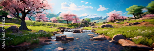 bubbling brook surrounded by blossoming trees, capturing the soothing and refreshing spirit of spring.