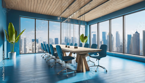 Clean blue plank conference room interior with table  chairs and panoramic window with city. Generative AI.