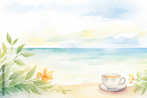 Nature-inspired coffee break Fresh air  sea  and a delicious mug of coffee   cartoon drawing  water color style