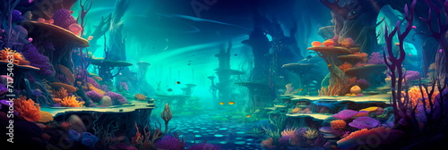 fantastical underwater city with dynamic of underwater life and structures  painted in vibrant and surreal colors.