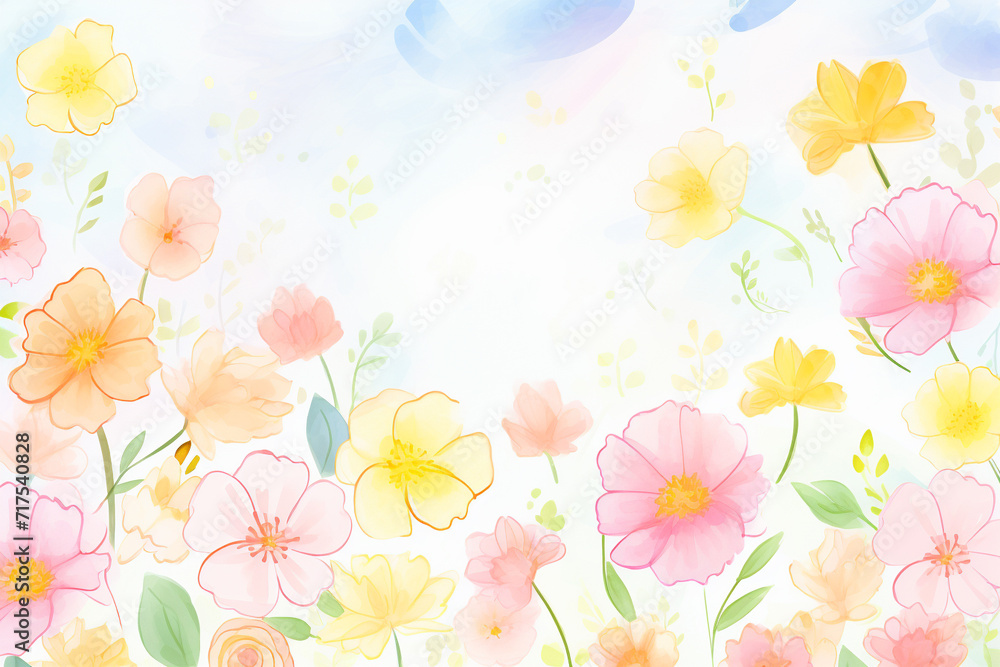 Pastel spring vibes A background that blooms with color , cartoon drawing, water color style