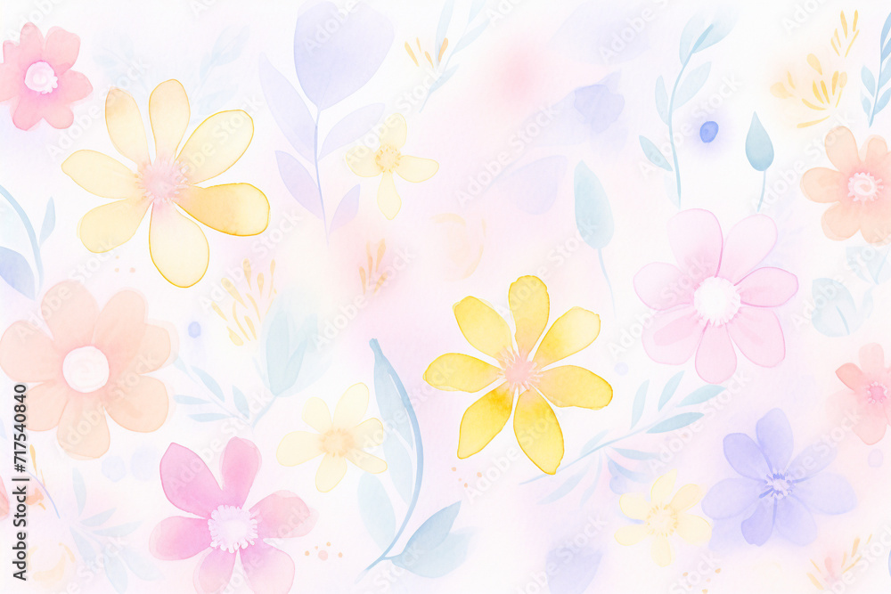 Pastel spring vibes A background that blooms with color , cartoon drawing, water color style