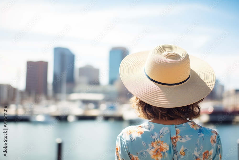woman in sunhat gazing across city harbor