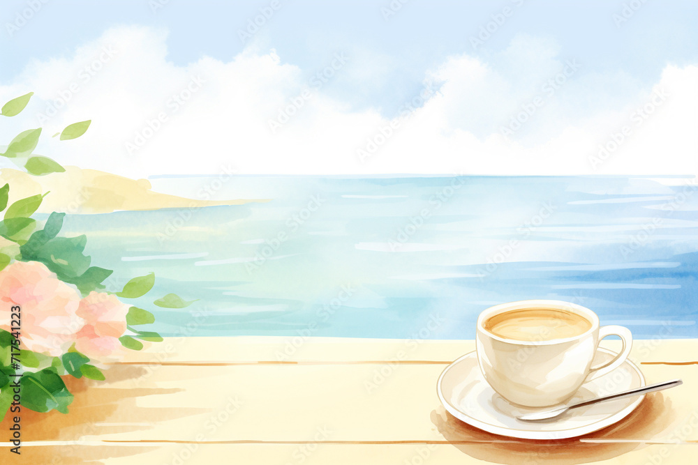 Relaxing summer vibes A cup of espresso with a sea view , cartoon drawing, water color style Relaxing summer vibes A cup of espresso with a sea view , cartoon drawing, water color style