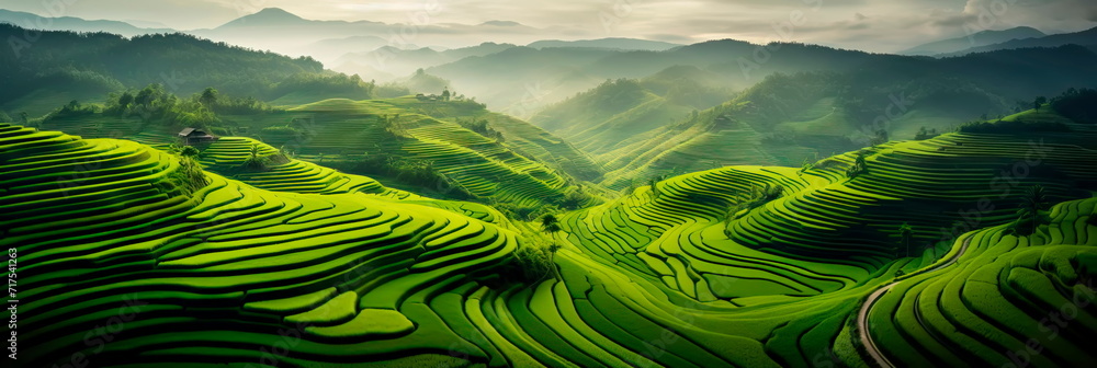 Rural landscapes with intricate rice terraces, where lush green fields cascade down hillsides.