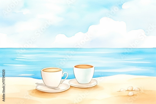 Seaside relaxation A morning cup of coffee by the ocean waves , cartoon drawing, water color style