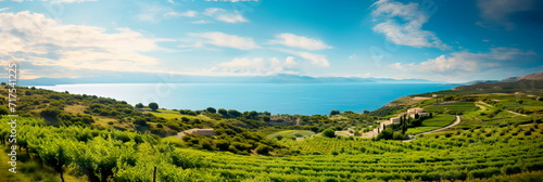 Serene landscapes in Mediterranean regions with vineyards, olive groves, and sea views.
