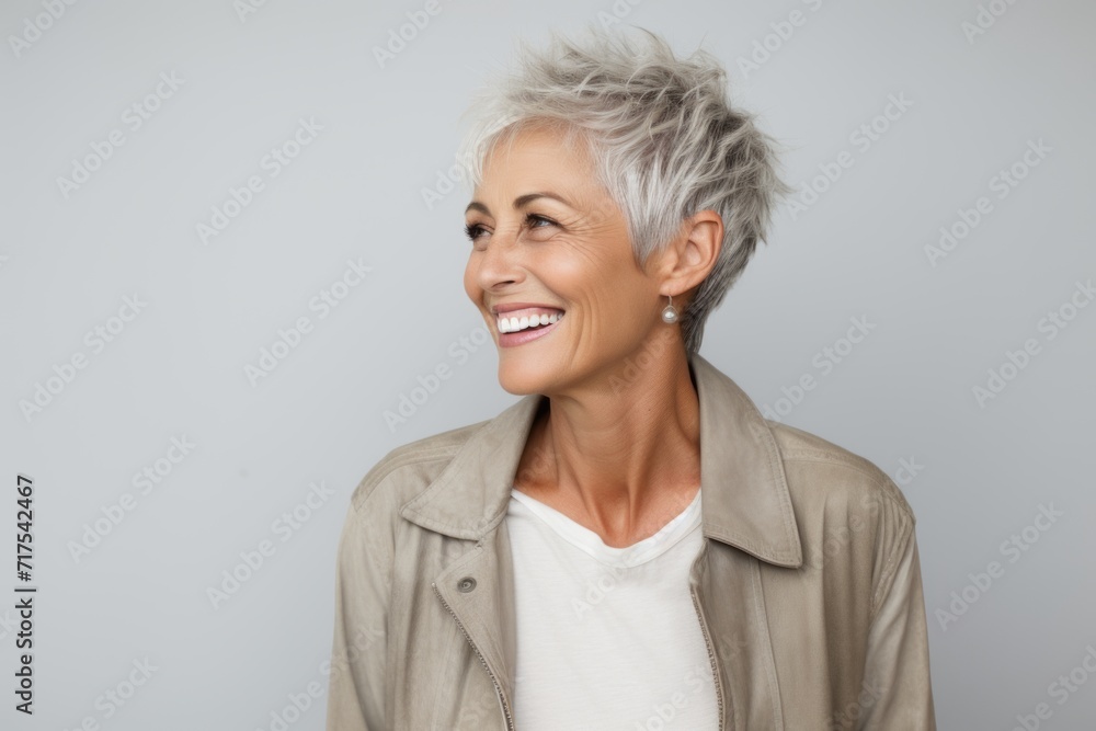 Portrait of a smiling senior woman with short gray hair, isolated on grey background Portrait of a smiling senior woman with short gray hair, isolated on grey background