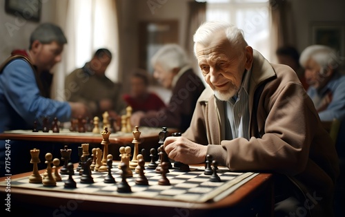 nursing home of elderly with activities playing chess