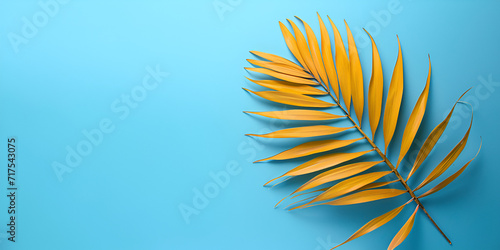 single blue areca palm tropical leaf in yellow color washed on isolated blue background, copy space, banner, generative ai