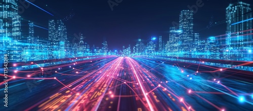 Abstract technology background illustration of a city at night, featuring light trails and wireframe hill in 3D rendering. photo
