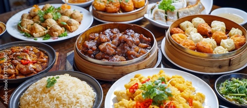 A variety of Chinese dishes like dim sums, hot and sour soup, quick noodles, Szechwan chilly chicken, spring rolls, stir-fried egg with rice, fried rice with chicken and vegetables, and sweet corn