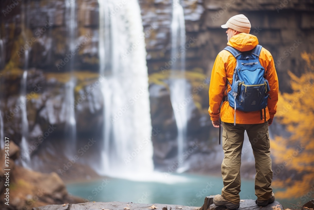 hiker observing from distance, tiny against massive falls hiker observing from distance, tiny against massive falls