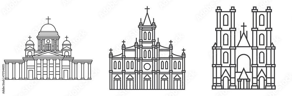 Cathedral building outline icon set. Sign at linear style. Christian church.