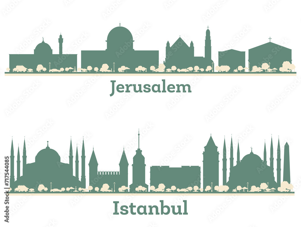 Abstract Istanbul Turkey and Jerusalem Israel City Skyline set with