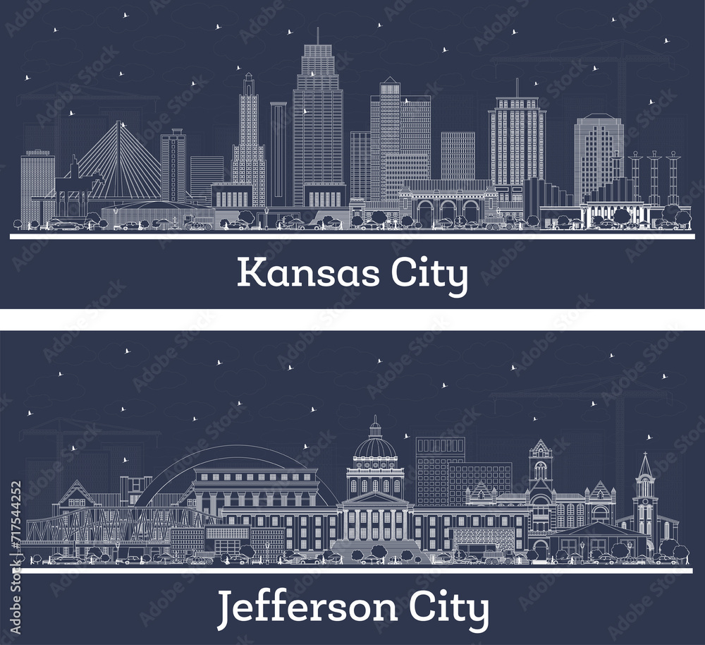 Outline Jefferson City and Kansas City Missouri city skyline set with white buildings. Illustration. Business travel and tourism concept with historic architecture. Cityscape with landmarks.