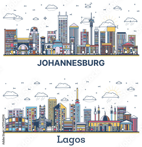 Outline Lagos Nigeria and Johannesburg South Africa City Skyline set with Colored Modern and Historic Buildings Isolated on White.