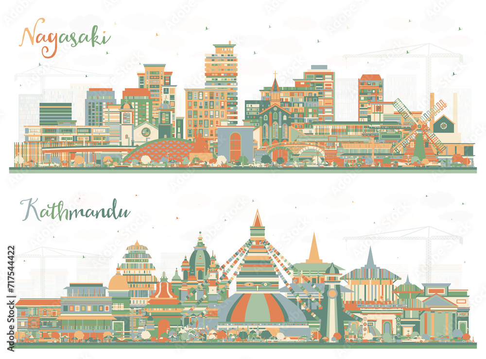Kathmandu Nepal and Nagasaki Japan City Skyline set with Color Buildings. Illustration. Cityscape with Landmarks. Business Travel and Tourism Concept with Historic Architecture.