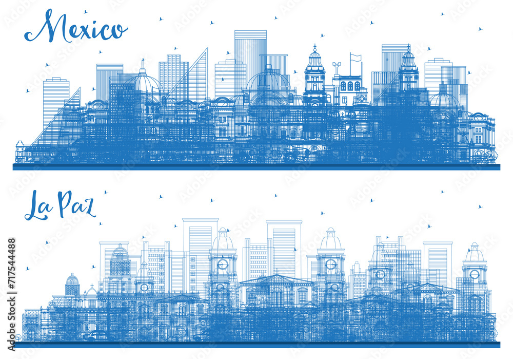 Outline La Paz Bolivia and Mexico City Skyline set with Blue Buildings. Illustration. Business Travel and Tourism Concept with Historic Architecture. Cityscape with Landmarks.