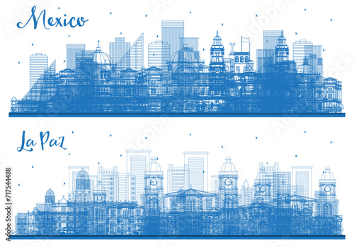 Outline La Paz Bolivia and Mexico City Skyline set with Blue Buildings. Illustration. Business Travel and Tourism Concept with Historic Architecture. Cityscape with Landmarks.