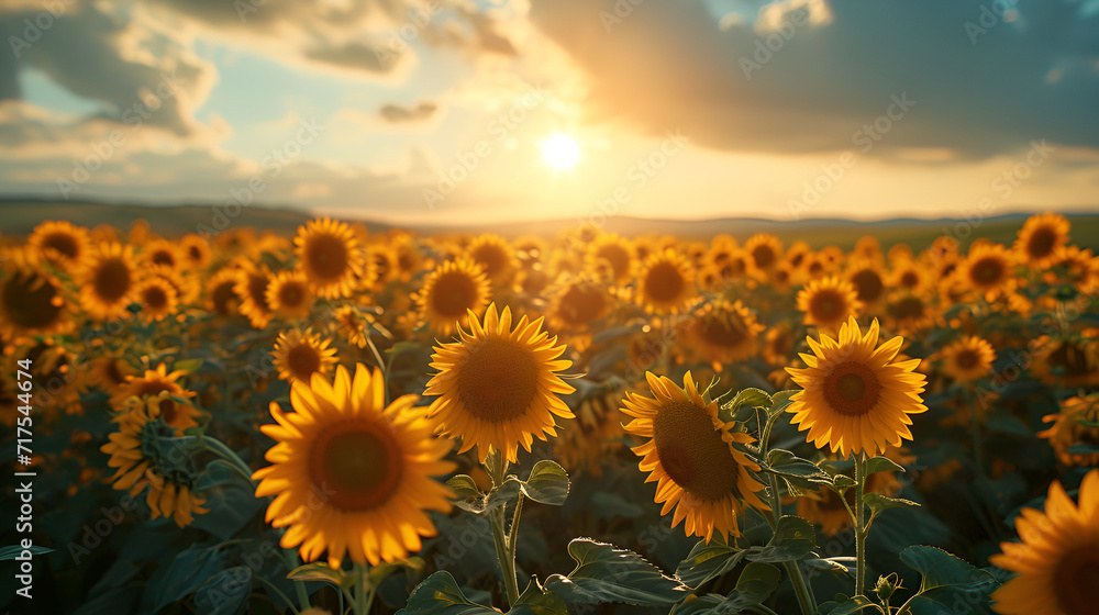 A field of sunflowers stretching towards the horizon, their golden faces following the path of the sun across the sky. 
