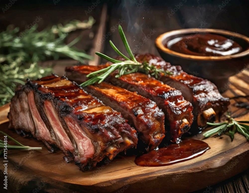 close up grilled ribs with bbq sauce 