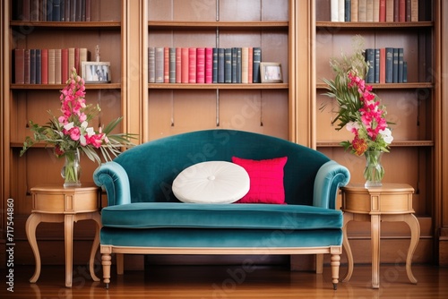 velvet settee with side book towers in a victorianstyle room photo