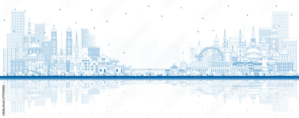 Welcome to Switzerland. Outline City Skyline with Blue Buildings. Switzerland Cityscape with Landmarks. Bern. Basel. Lugano. Zurich. Geneva. - obrazy, fototapety, plakaty 