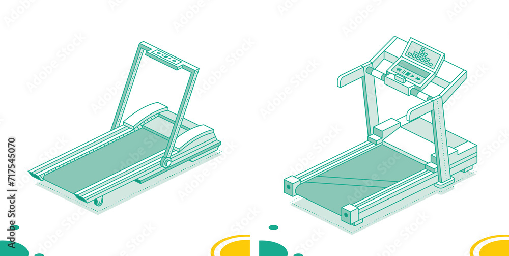 Isometric treadmill. Running simulator. Illustration. Outline object isolated on white background. Isometric treadmill. Running simulator. Illustration. Outline object isolated on white background.