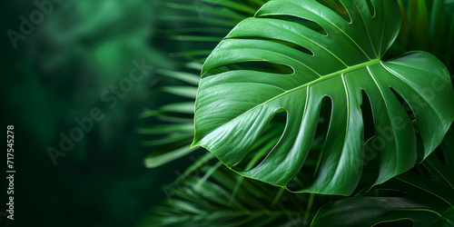 green colored tropical leaf on isolated green back, copy space, banner, generative ai