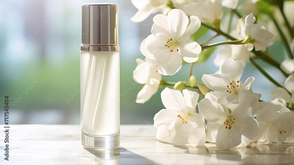 glossy cosmetic bottles White bottle and tube with white flowers Natural cosmetics for skin care glossy cosmetic bottles White bottle and tube with white flowers Natural cosmetics for skin care