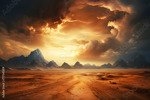 Landscape view of mountain dusty road going far away nowhere in desert. Dry road  bad weather  orange sky with overcast clouds. Realistic clipart template pattern.