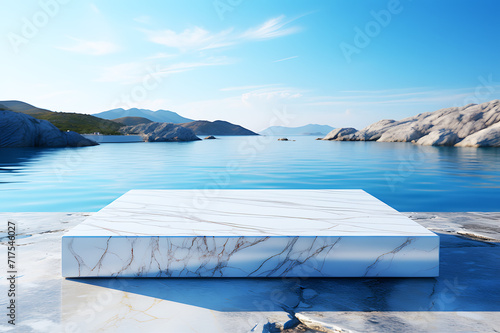 Empty square white marble slabs on stone floor. Sea and beach bright blue sky and sunlight is background. Summer. Vintage design of house or studio indoor. Realistic color clipart template pattern.