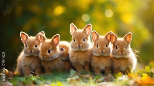 Group of cute, healthy, brown, fluffy, Easter rabbits Cute little rabbit on green garden nature background.