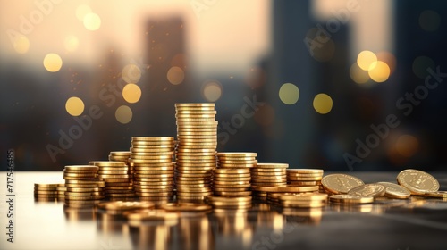 Growing pile of coins with business information hologram business growth concept photo