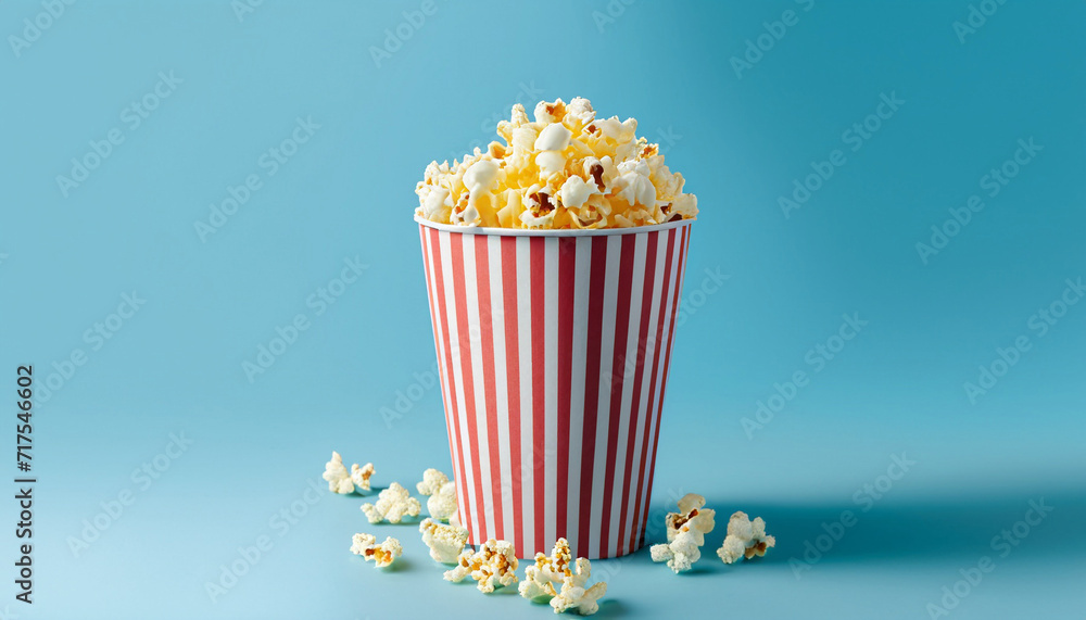 Popcorn in paper cup against pastel blue background minimal creative food concept.