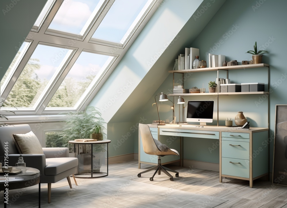 a modern home office with a desk, computer, and shelves. The room is decorated with plants and has a large window with a view of trees. The color scheme is blue and white with wooden accents a modern home office with a desk, computer, and shelves. The room is decorated with plants and has a large window with a view of trees. The color scheme is blue and white with wooden accents