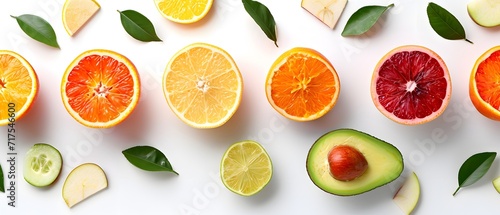 Sliced oranges, apples, avocados composition in the center