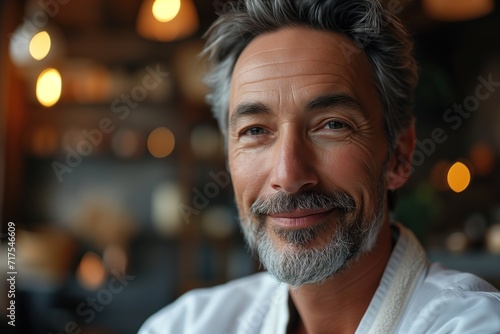 Smiling middle aged man enjoying relaxation in spa, mature bearded handsome man in bathrobe looking at camera. Men's wellness and beauty