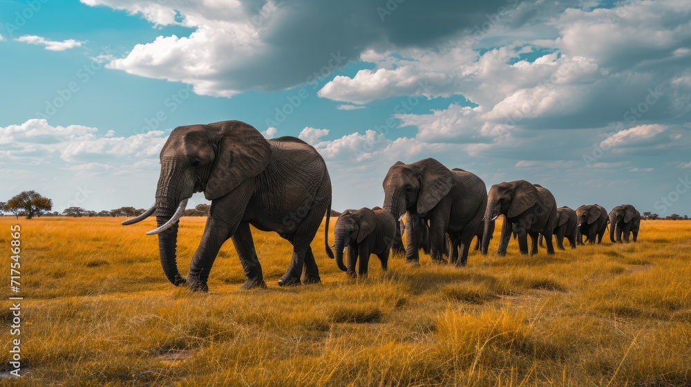 Herd of wild elephants walking Beautiful elephant in the savannah