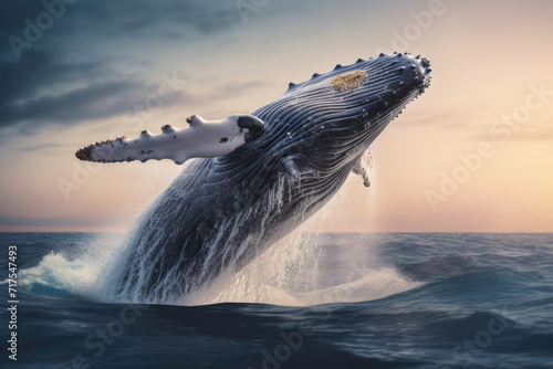 Humpback whale flying over the sea on a white background. © venusvi