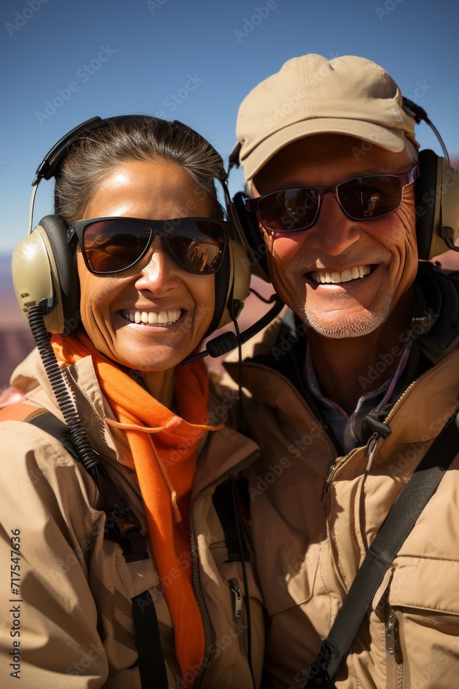 Couple on a helicopter tour of the Grand Canyon's majestic landscapes, Generative AI Couple on a helicopter tour of the Grand Canyon's majestic landscapes, Generative AI