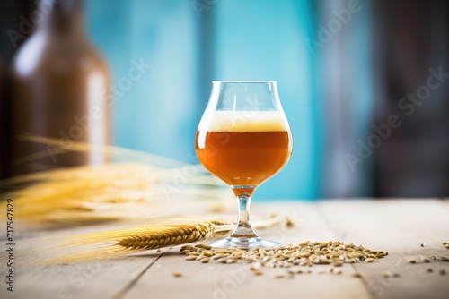 barleywine in a snifter, deep amber hue, near barley grains photo