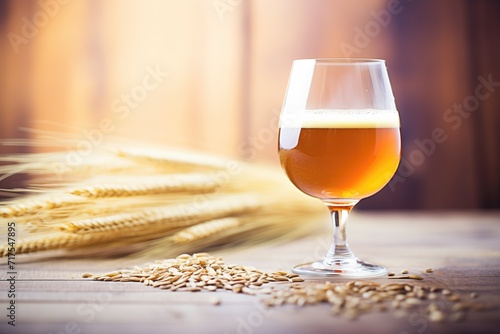 barleywine in a snifter, deep amber hue, near barley grains photo