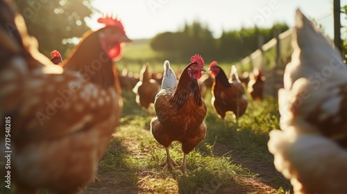 Men hand-feed hens on a traditional organic free-range farm. Adult chicken walking on the ground photo