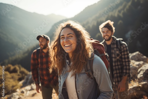 Group of friends hiking in mountains, A group of friends hiking in the mountains in a day, A group of people are posing for a photo with the sun behind them, Ai generated